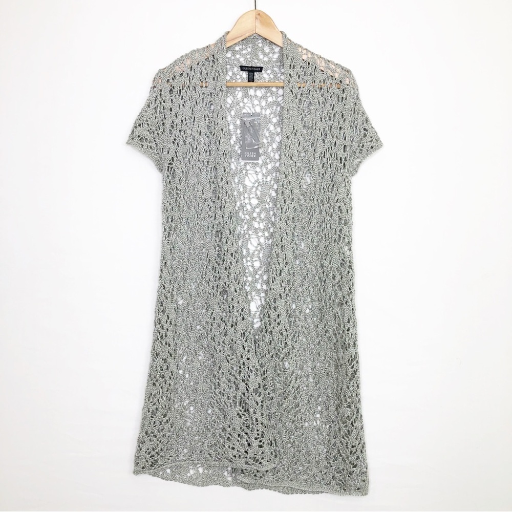 Eileen Fisher Gray Vapor Open Knit crochet Cardigan